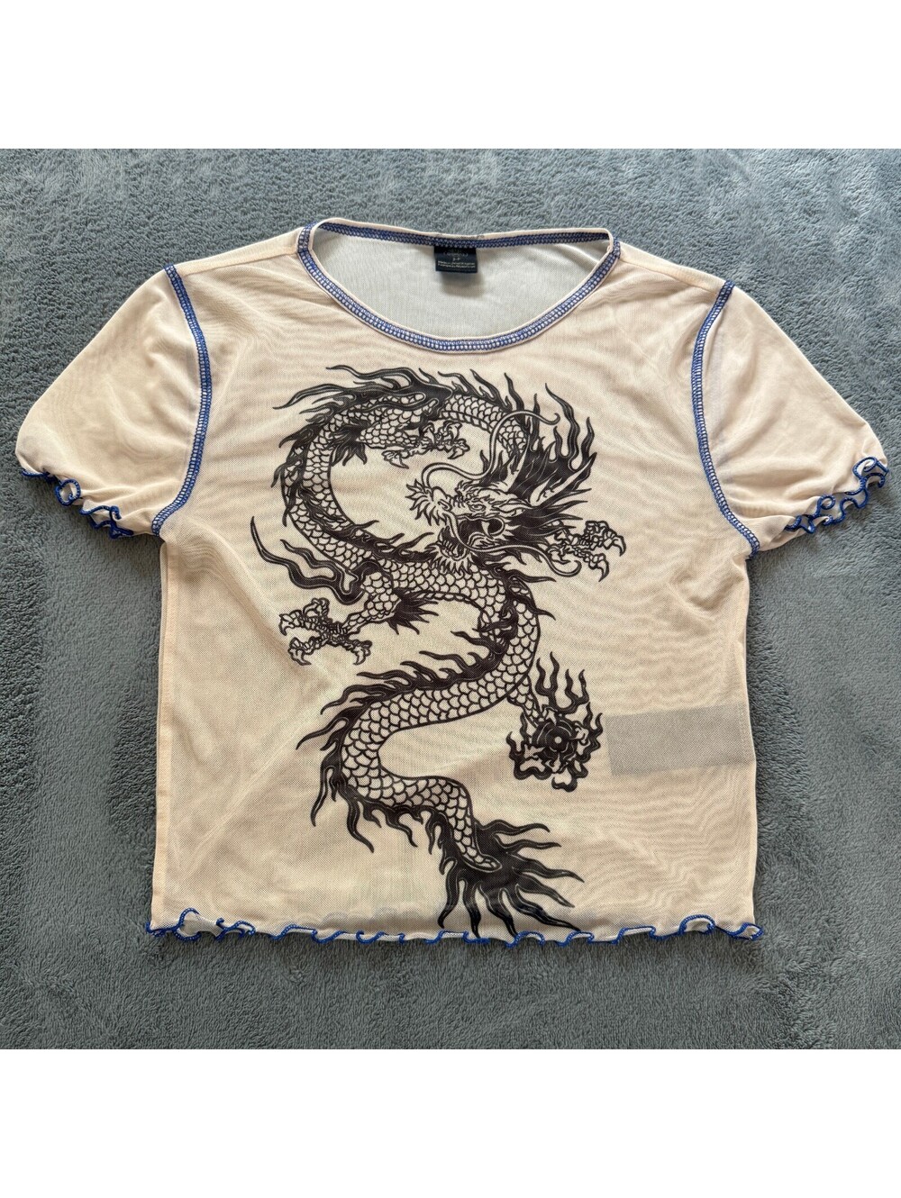 Urban Outfitters Sheer Mesh Dragon Baby Tee Blue Stitch Grunge Top S Vtg Y2K